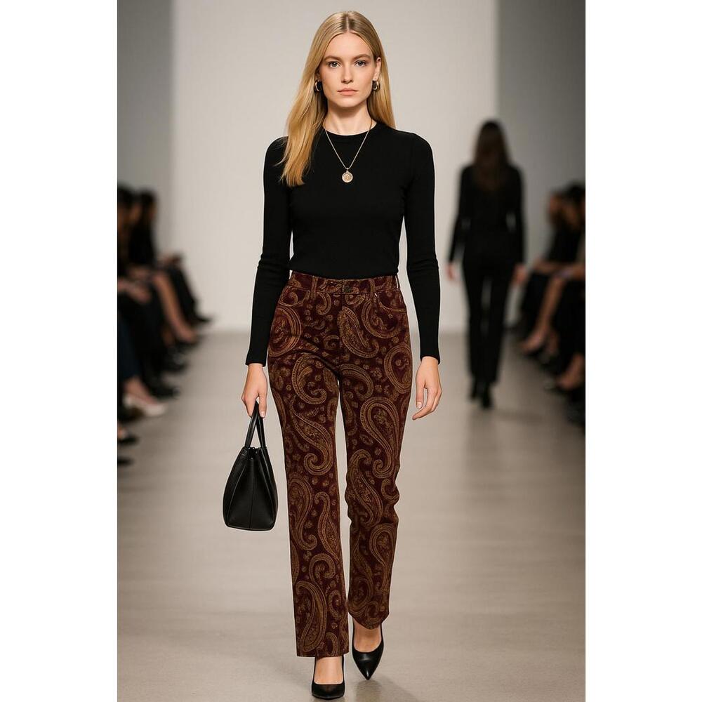 Womens Paisley Print Straight-Leg Pants - Brown